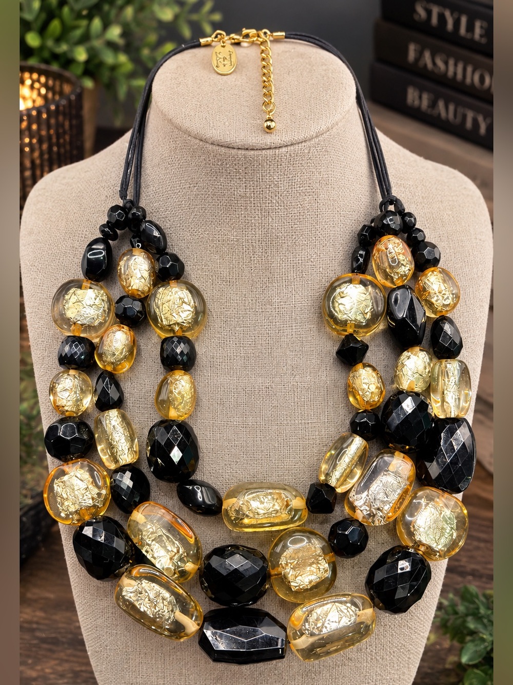 VINTAGE RARE LOULOU DE FALAISE MULTI STRAND BLACK & GOLD FOIL LUCITE NECKLACE